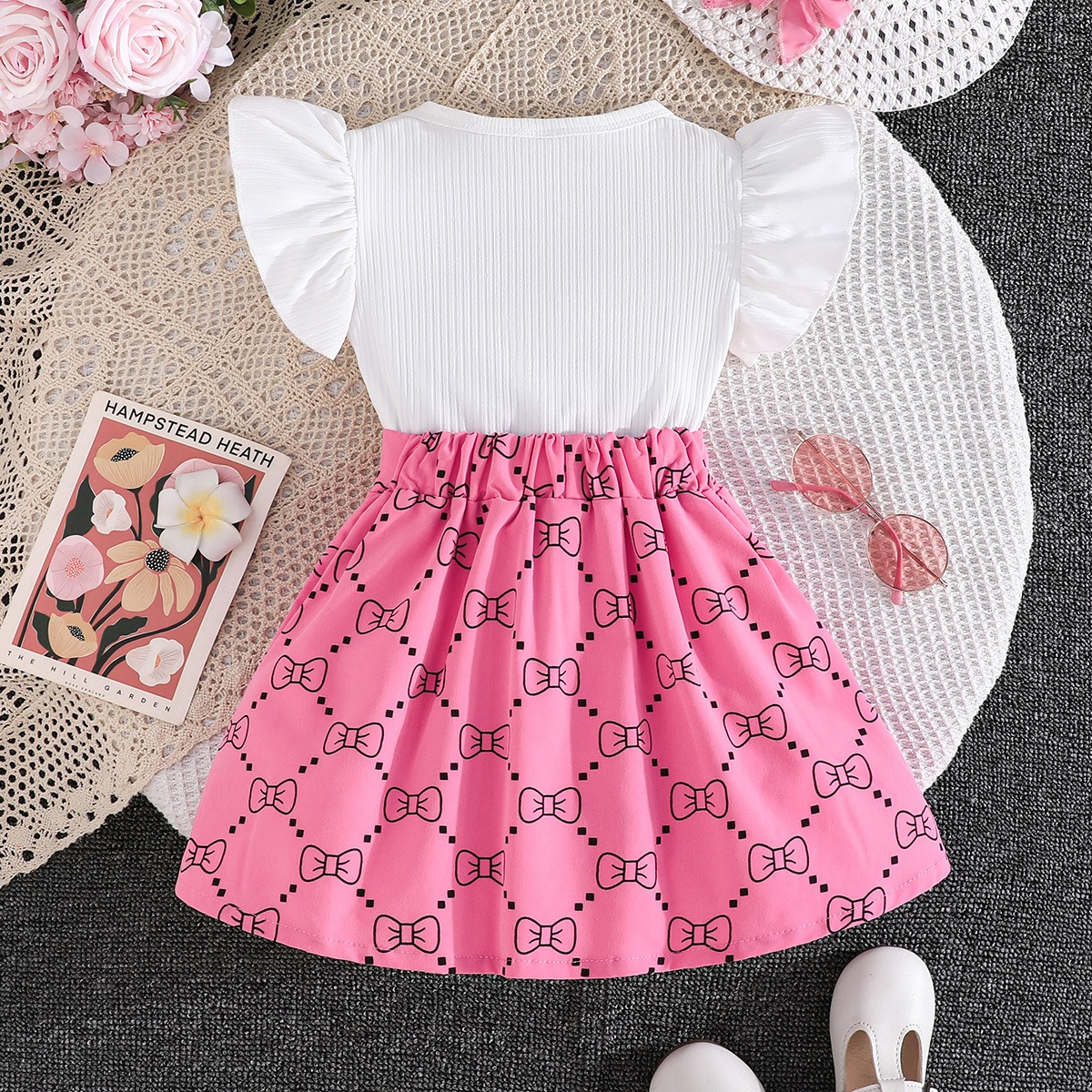 2pcs Toddler Girls Ruffle Sleeve Bow Blouse With Pleated Skirt