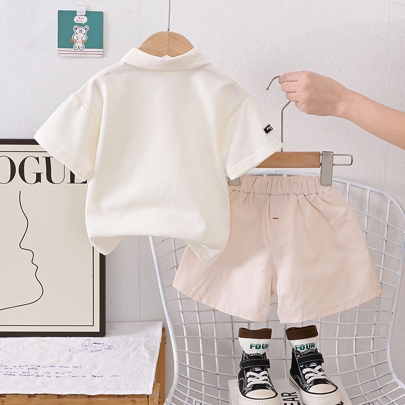 2pcs Toddler Boys Polo Shirt With Embroidered Bear Logo & Shorts 