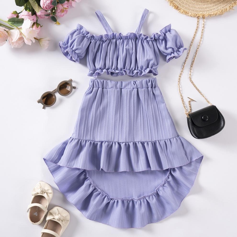 2pcs Toddler Girls Ruffle Puff Sleeve Top & High Waist Ruffle Hem Skirt