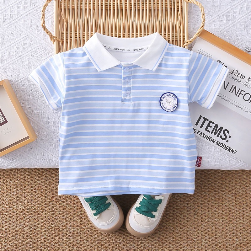 2pcs Toddler Boys Striped Polo Shirt With Round Logo & Shorts