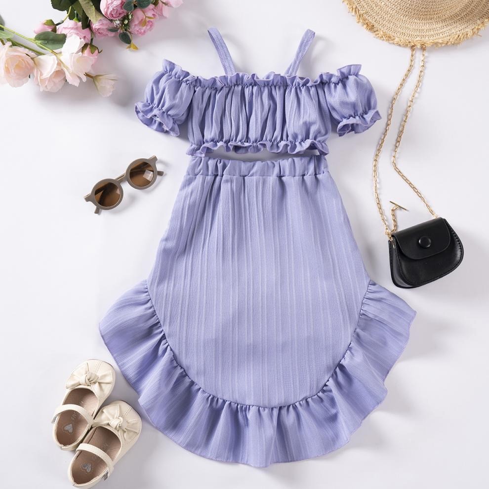 2pcs Toddler Girls Ruffle Puff Sleeve Top & High Waist Ruffle Hem Skirt