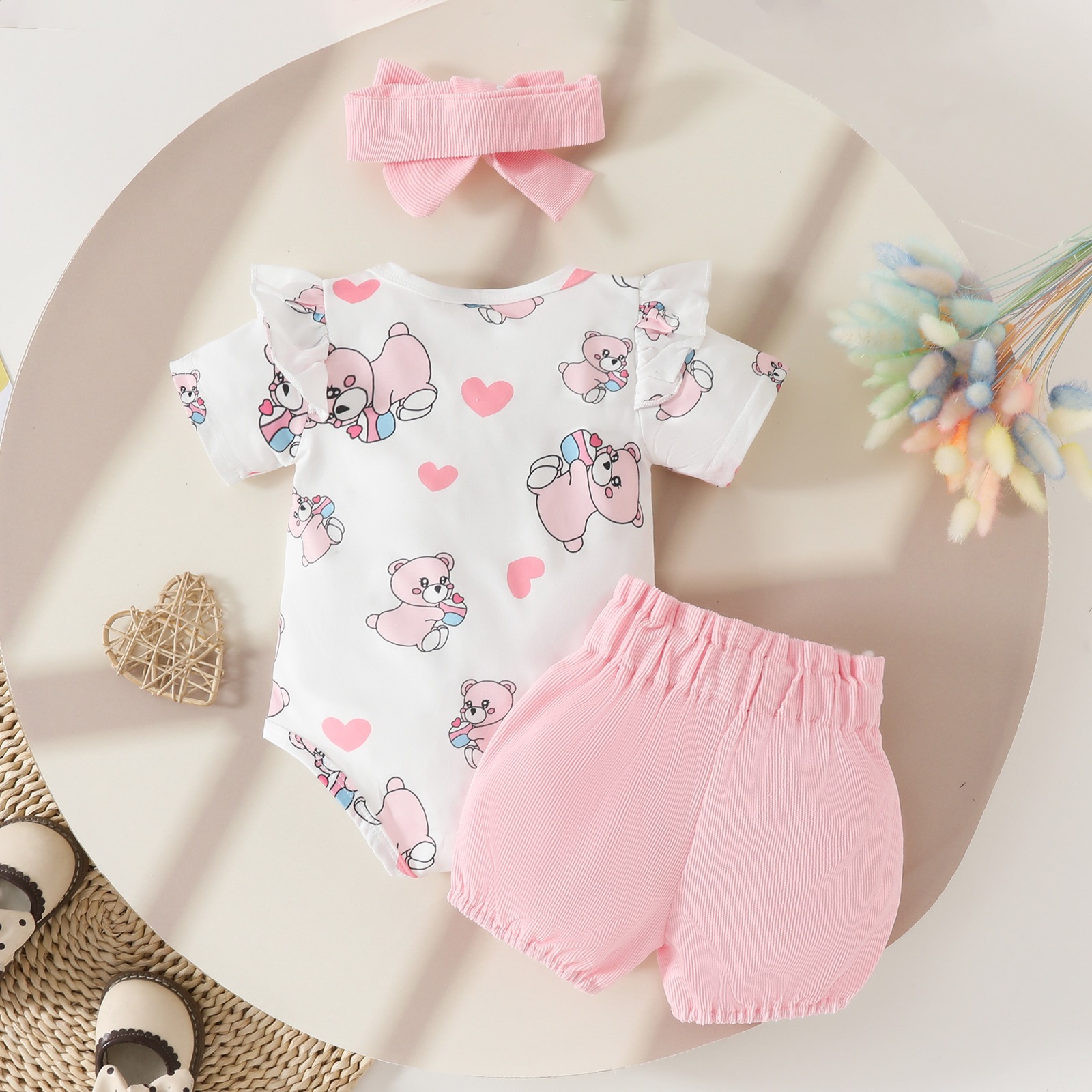 3pcs Baby Girl Bear Print Short-Sleeve Onesies & 3D Plush Shorts & Bow Headband