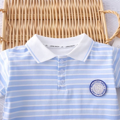 2pcs Toddler Boys Striped Polo Shirt With Round Logo & Shorts