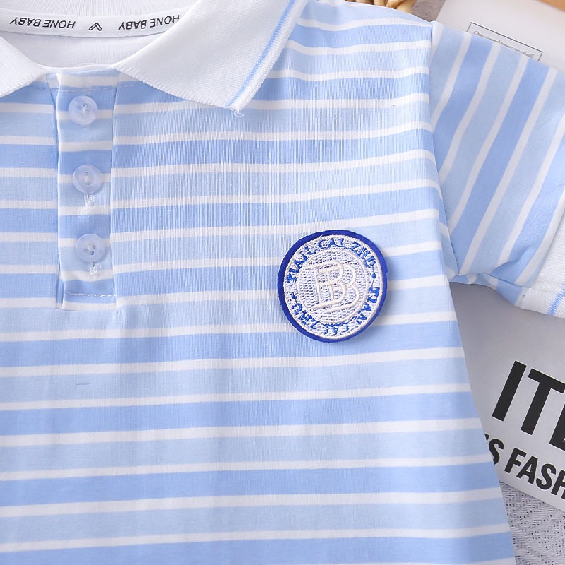 2pcs Toddler Boys Striped Polo Shirt With Round Logo & Shorts