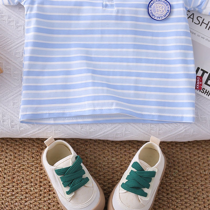 2pcs Toddler Boys Striped Polo Shirt With Round Logo & Shorts
