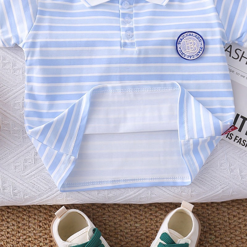 2pcs Toddler Boys Striped Polo Shirt With Round Logo & Shorts
