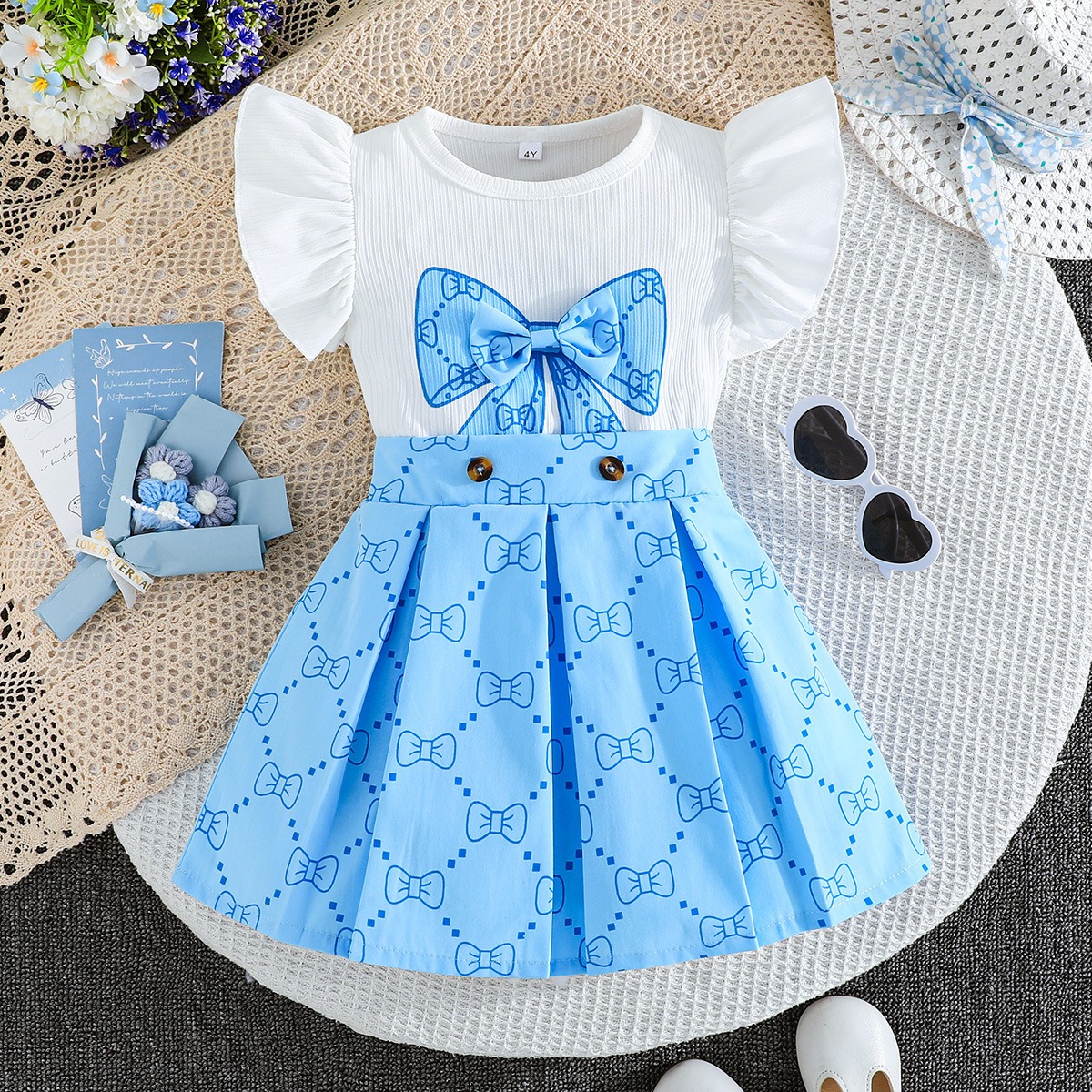 2pcs Toddler Girls Ruffle Sleeve Bow Blouse With Pleated Skirt