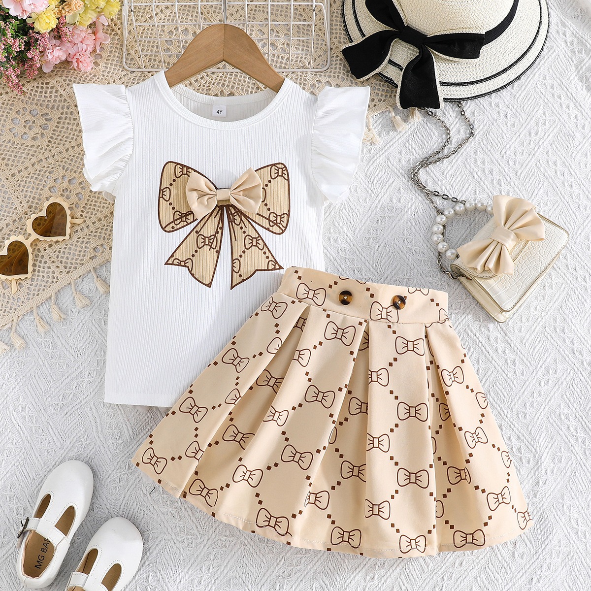 2pcs Toddler Girls Ruffle Sleeve Bow Blouse With Pleated Skirt
