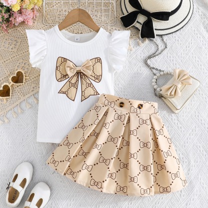 2pcs Toddler Girls Ruffle Sleeve Bow Blouse With Pleated Skirt