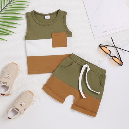 2pcs Toddler Boys Patchwork Tank Top & Roll-Up Cargo Shorts