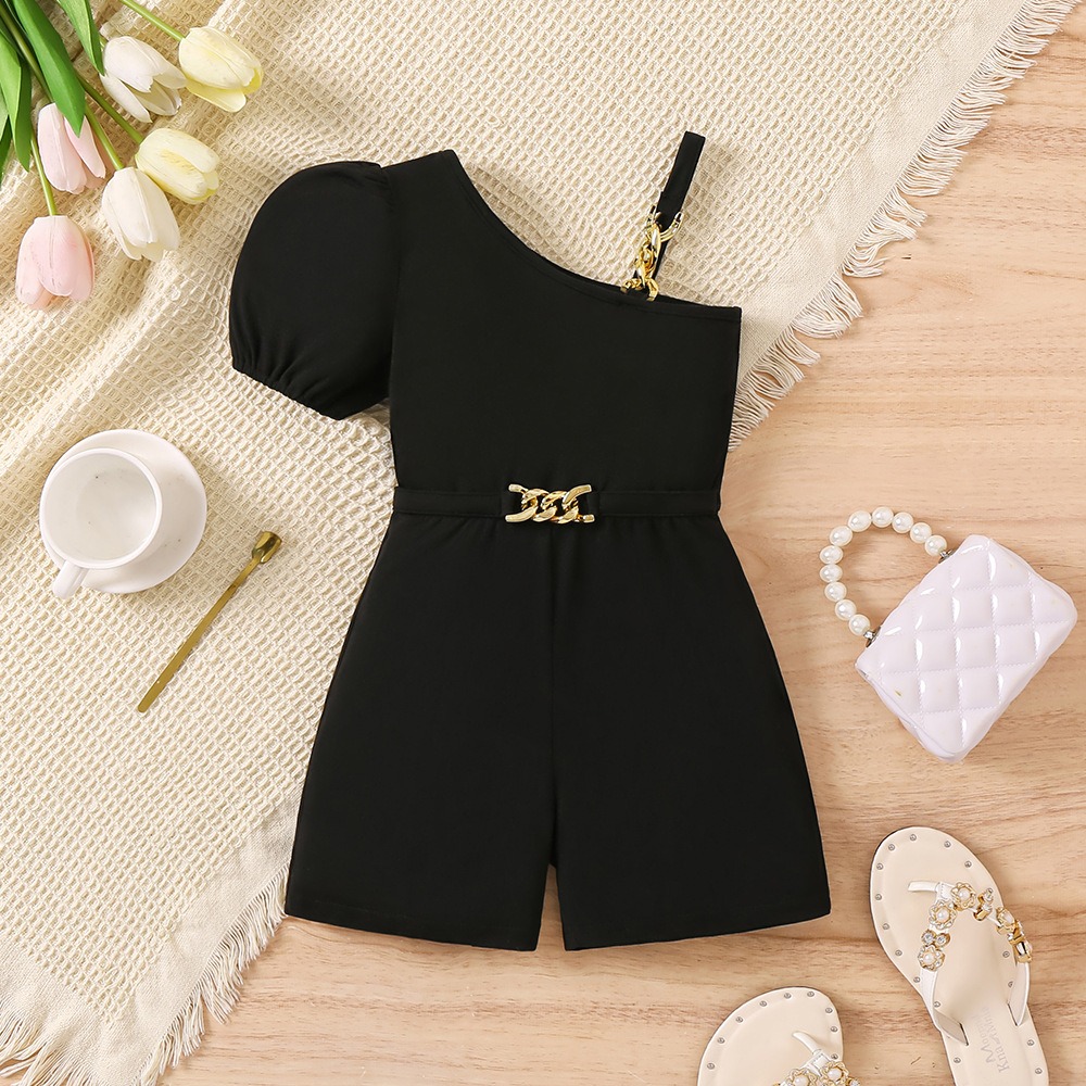 Toddler Girls Black Asymmetric Strap Romper with Gold Accents