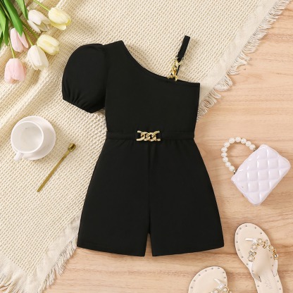 Toddler Girls Black Asymmetric Strap Romper with Gold Accents