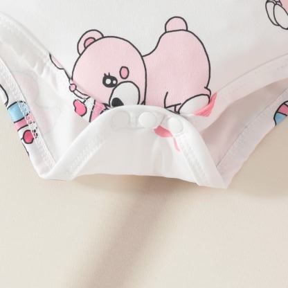3pcs Baby Girl Bear Print Short-Sleeve Onesies & 3D Plush Shorts & Bow Headband