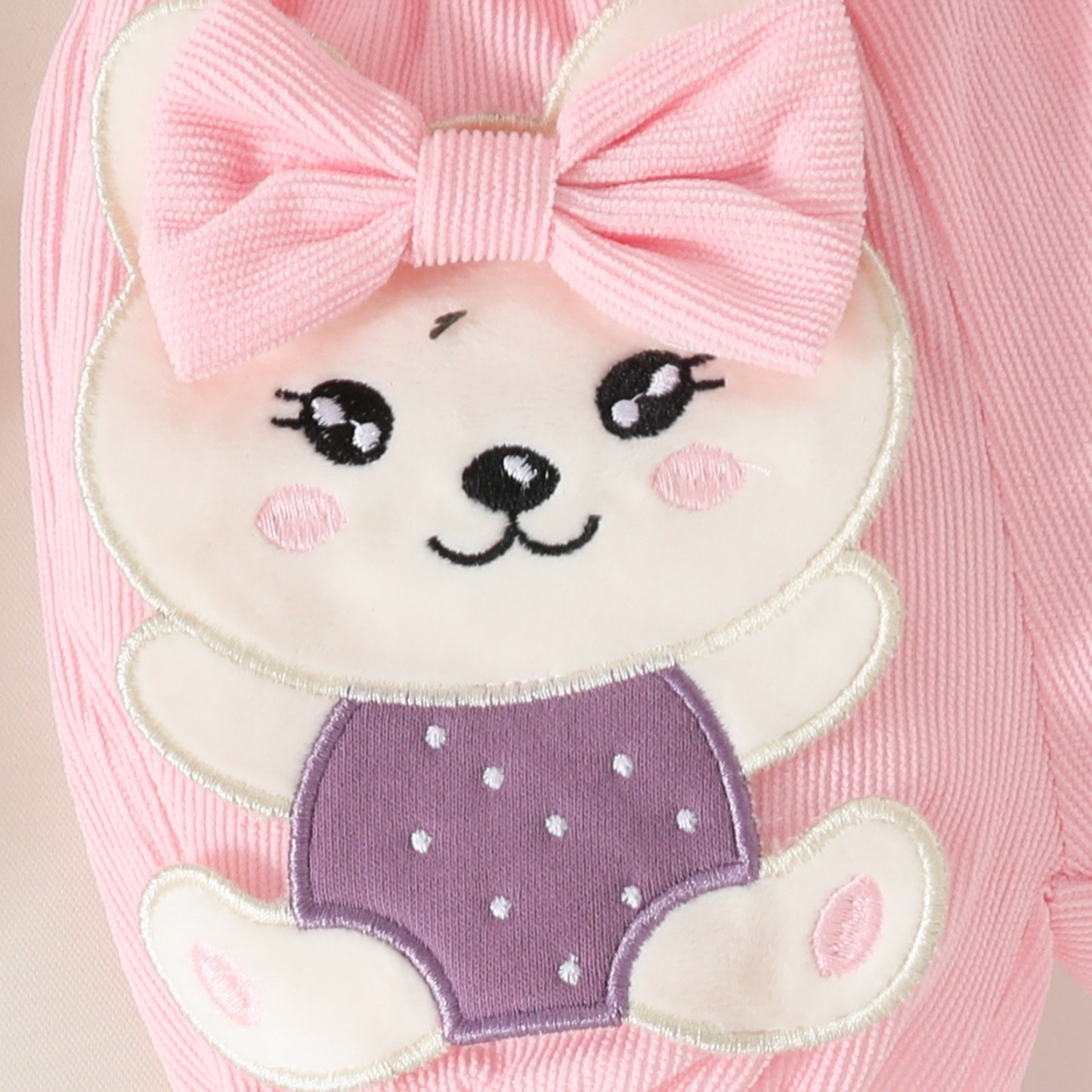 3pcs Baby Girl Bear Print Short-Sleeve Onesies & 3D Plush Shorts & Bow Headband