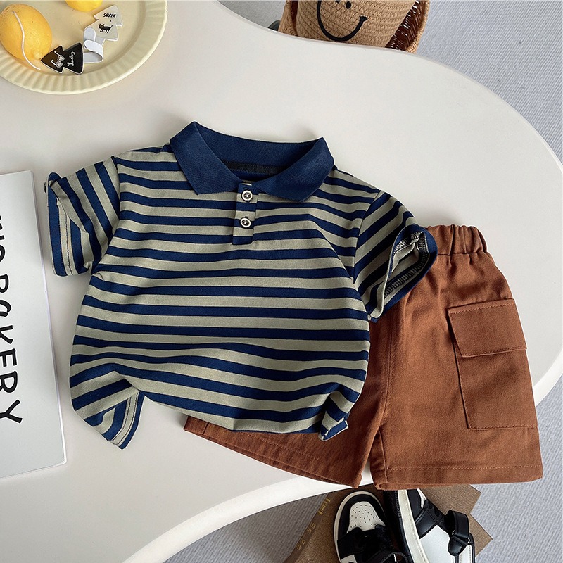 2pcs Toddler Boys Stripe Short Sleeve Shirt & Casual Shorts
