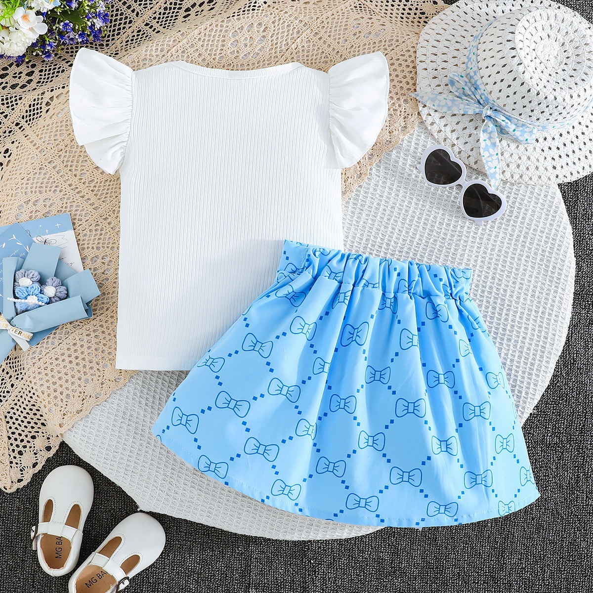 2pcs Toddler Girls Ruffle Sleeve Bow Blouse With Pleated Skirt