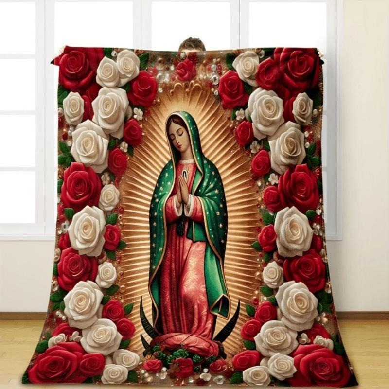 Virgin Mary With Roses Pattern Flannel Blanket