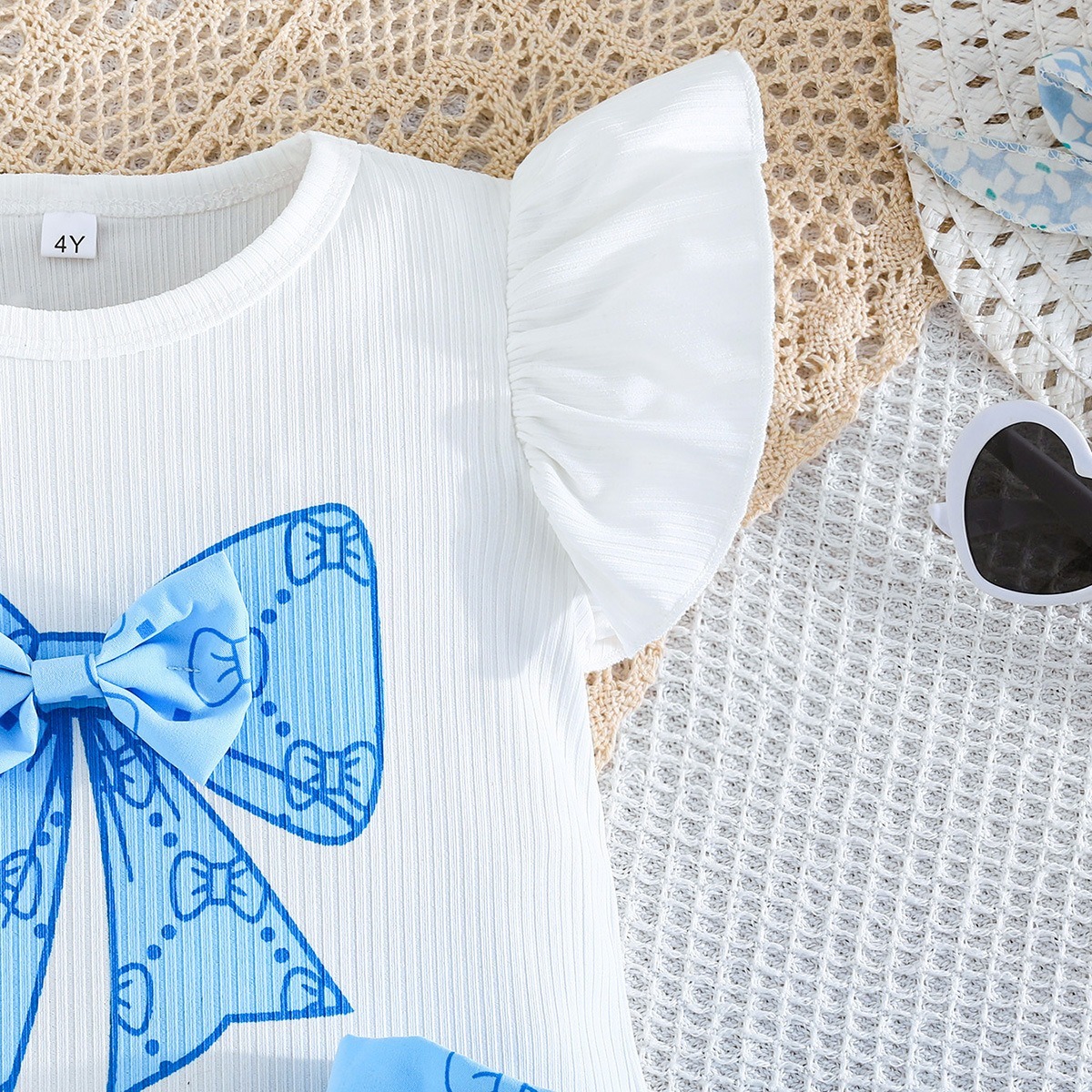 2pcs Toddler Girls Ruffle Sleeve Bow Blouse With Pleated Skirt