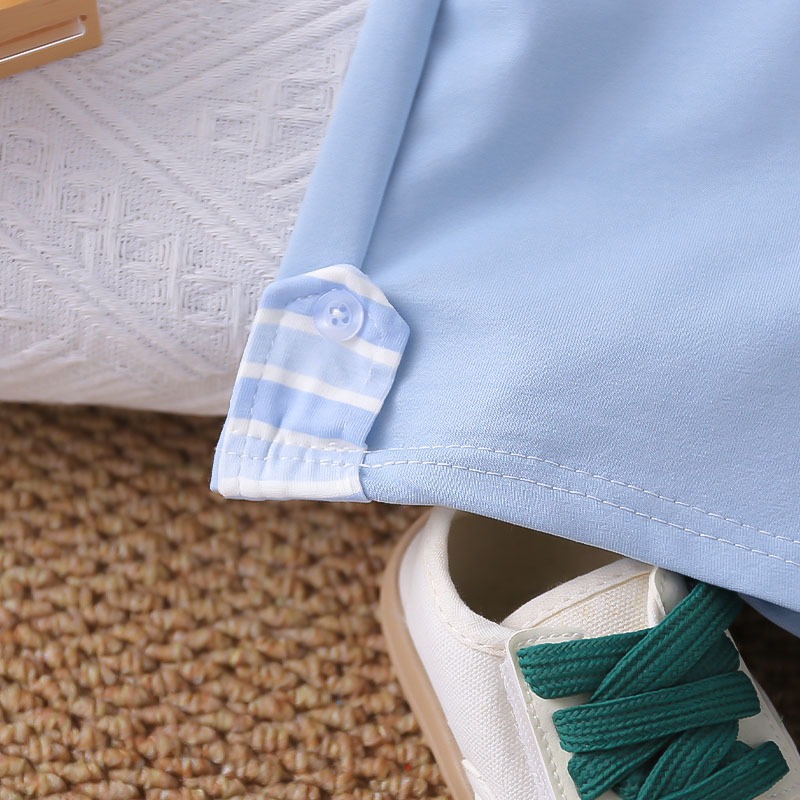 2pcs Toddler Boys Striped Polo Shirt With Round Logo & Shorts