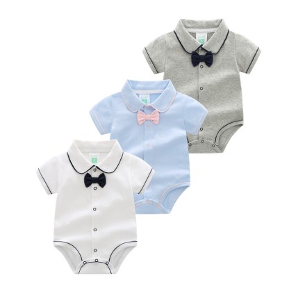 Baby Boy Solid Color Collared Onesies With Bow Tie