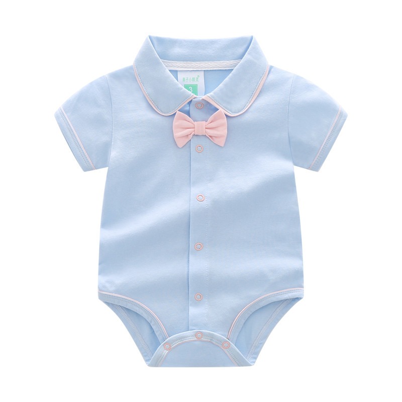 Baby Boy Solid Color Collared Onesies With Bow Tie