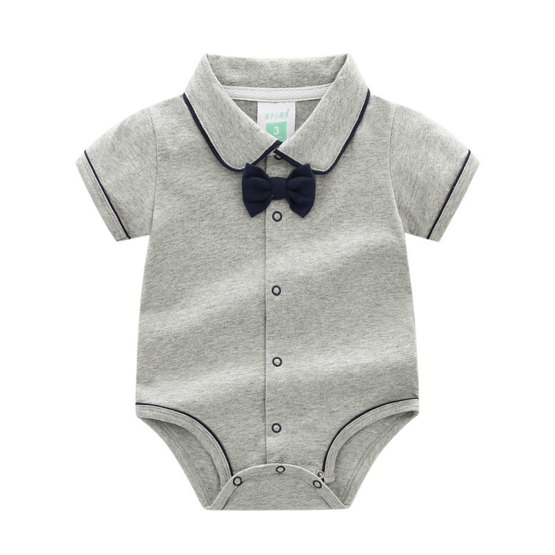 Baby Boy Solid Color Collared Onesies With Bow Tie