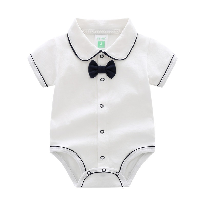 Baby Boy Solid Color Collared Onesies With Bow Tie