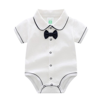 Baby Boy Solid Color Collared Onesies With Bow Tie