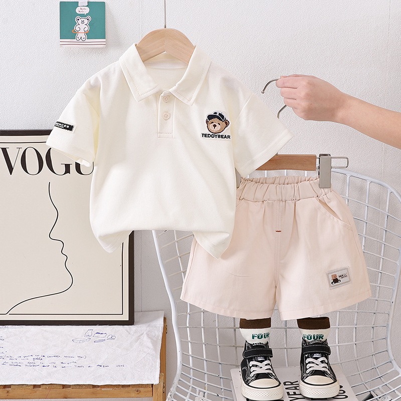 2pcs Toddler Boys Polo Shirt With Embroidered Bear Logo & Shorts 