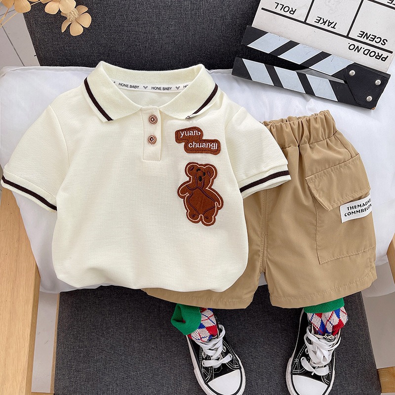 2pcs Toddler Boys Bear Polo Shirt & Comfy Shorts