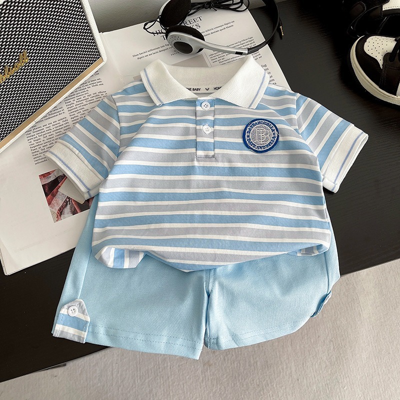 2pcs Toddler Boys Striped Short Sleeve & Shorts With Round Label Detai