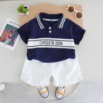 2pcs Toddler Boys Letter Print Polo & Solid Shorts