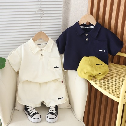 2pcs Toddler Boys Solid Color Collared Polo Shirt & Shorts
