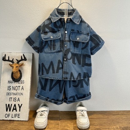 2pcs Toddler Boys Summer Casual Printed Denim Short Sleeve Top & Shorts