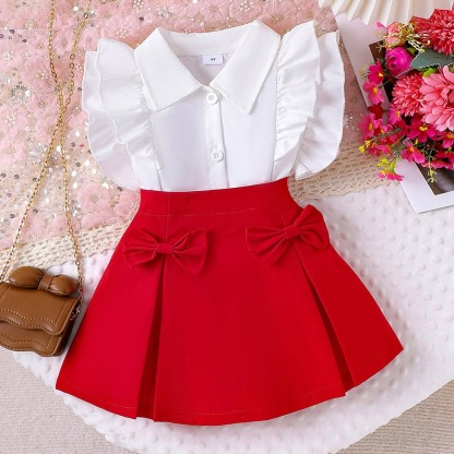2pcs Toddler Girls Cute Ruffle Detail Sleeveless Top & Bowknot Skirt