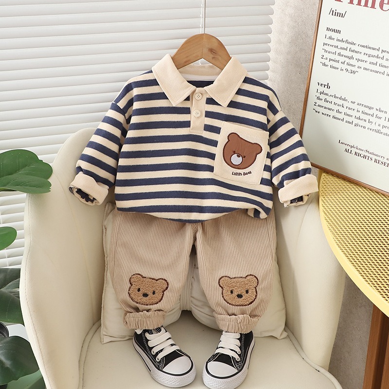 2pcs Toddler Boys 3D Embroidered Bear Long-Sleeve Shirt & Pants