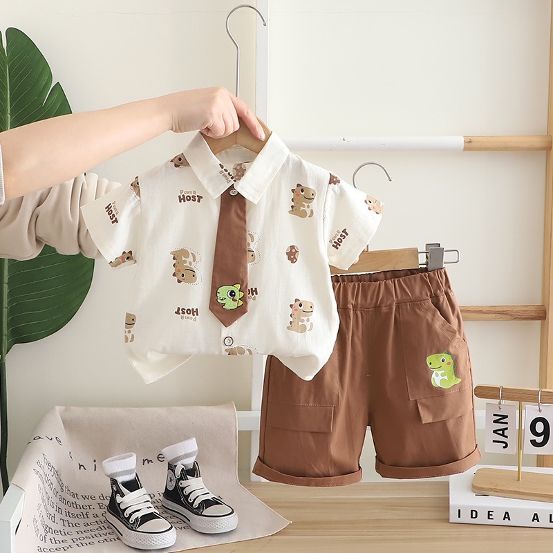 2pcs Toddler Boys Dinosaur Print Short-Sleeve Shirt & Tie with Shorts