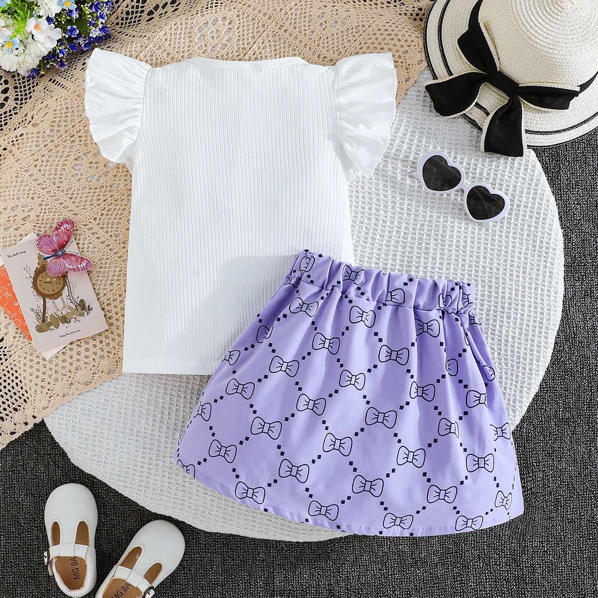 2pcs Toddler Girls Ruffle Sleeve Bow Blouse With Pleated Skirt