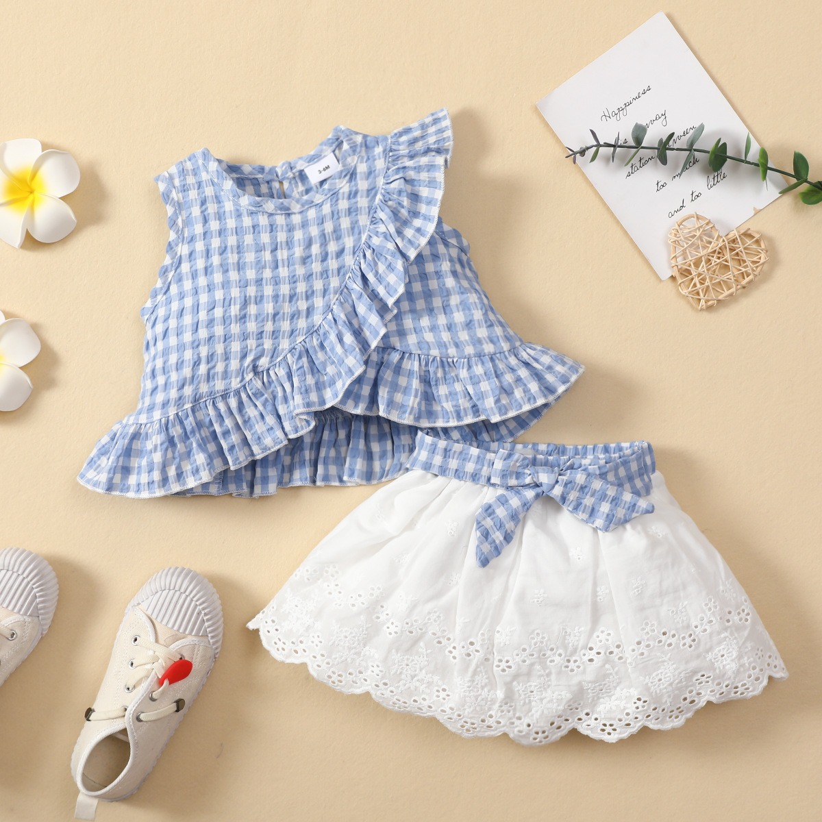 2pcs Baby Girl Sleeveless Ruffled Gingham Top & Bow Skirt