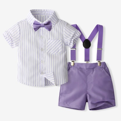 2pcs Toddler Boys  Gentleman Outfit Vertical Stripe Print Short Sleeves Shirt With Bow Tie & Suspender Shorts