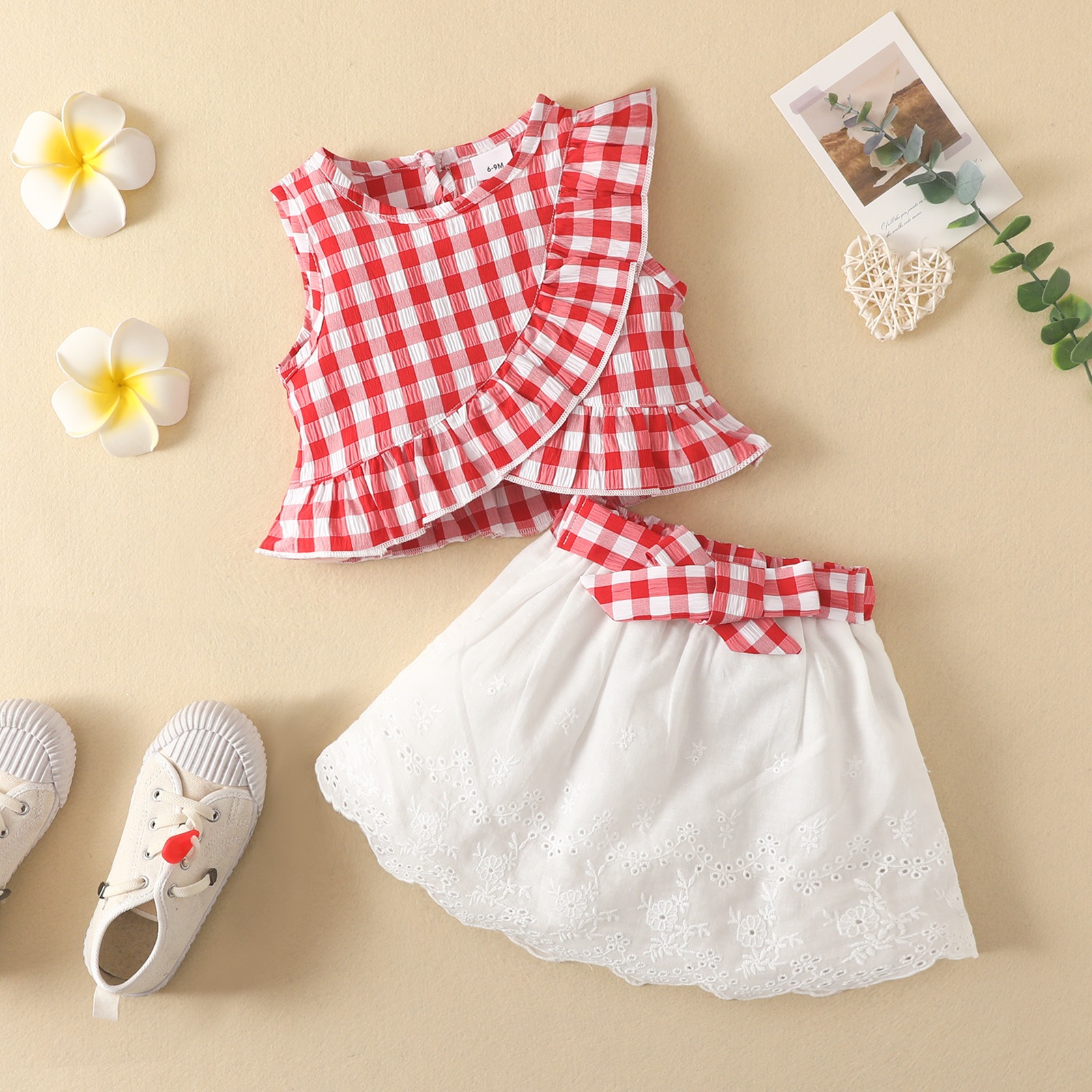 2pcs Baby Girl Sleeveless Ruffled Gingham Top & Bow Skirt