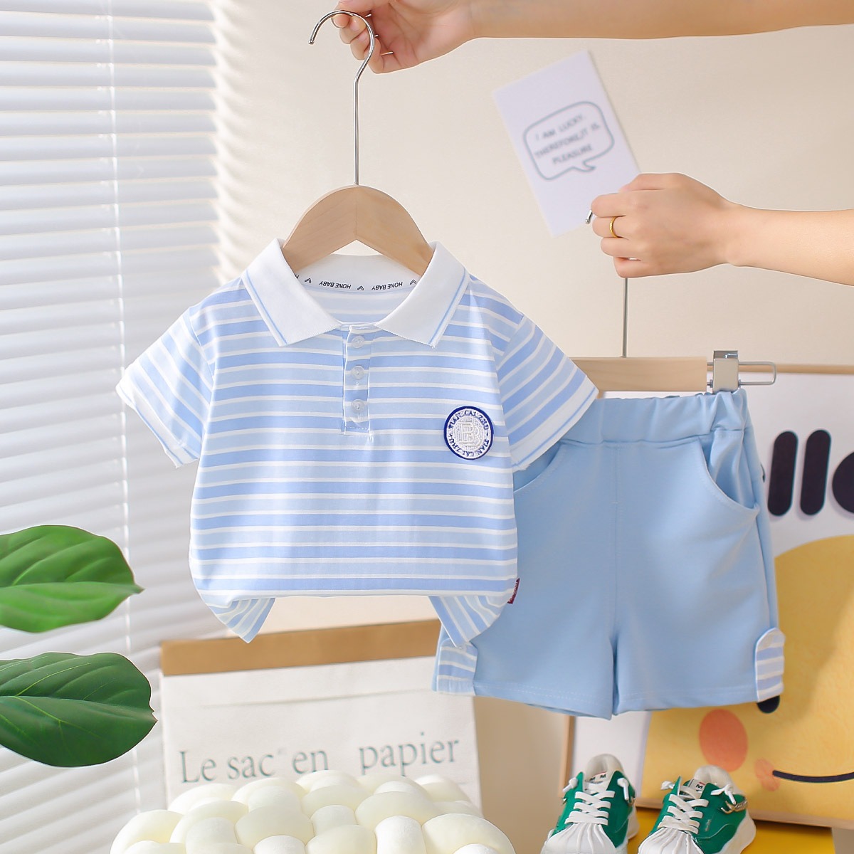 2pcs Toddler Boys Striped Polo Shirt With Round Logo & Shorts