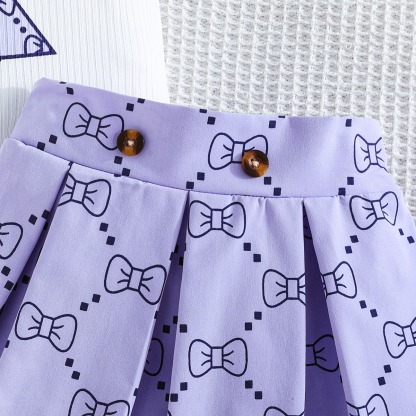 2pcs Toddler Girls Ruffle Sleeve Bow Blouse With Pleated Skirt