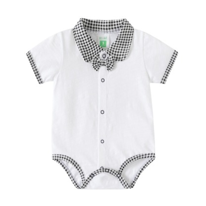 Baby Boy Plaid Collar Onesies With Bow Tie