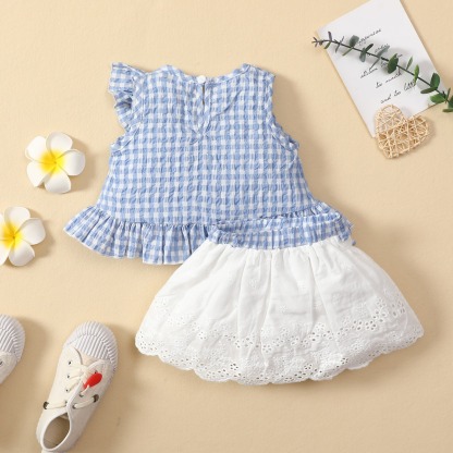 2pcs Baby Girl Sleeveless Ruffled Gingham Top & Bow Skirt