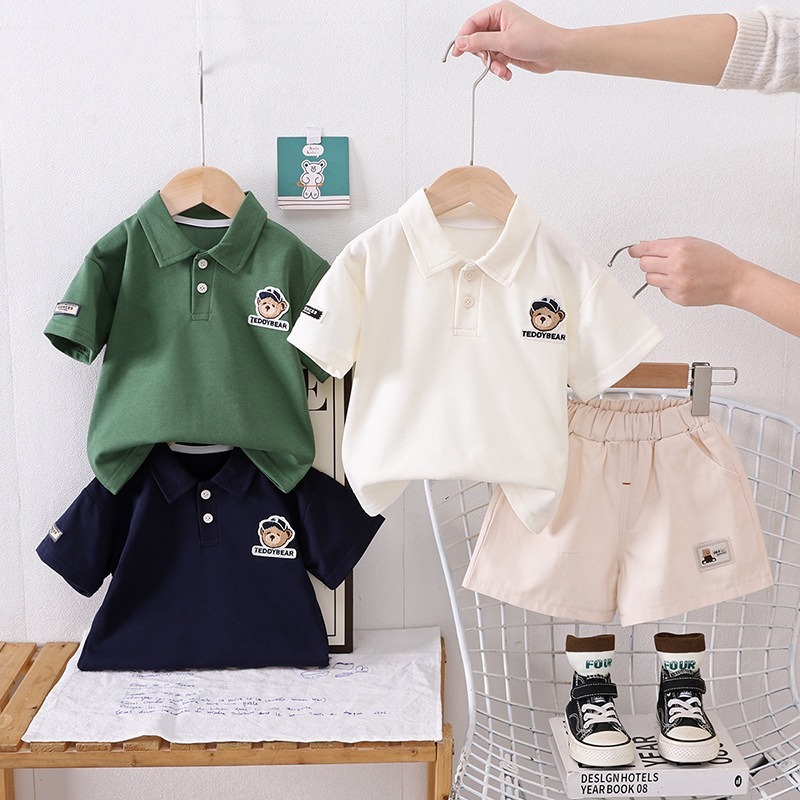 2pcs Toddler Boys Polo Shirt With Embroidered Bear Logo & Shorts 