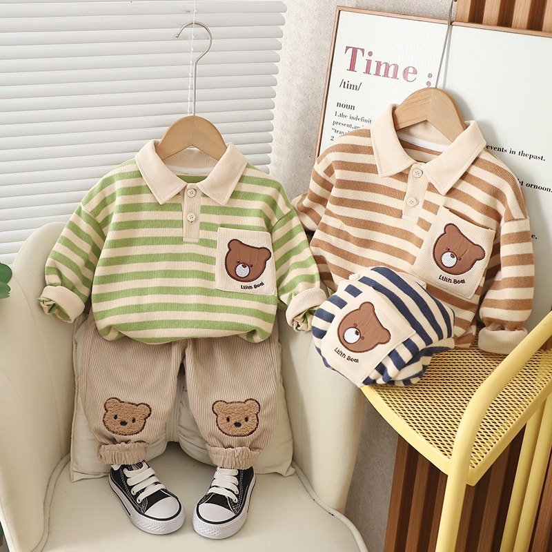 2pcs Toddler Boys 3D Embroidered Bear Long-Sleeve Shirt & Pants
