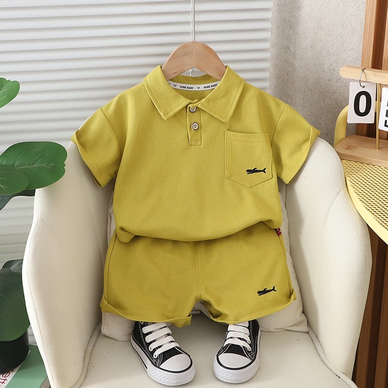 2pcs Toddler Boys Solid Color Collared Polo Shirt & Shorts