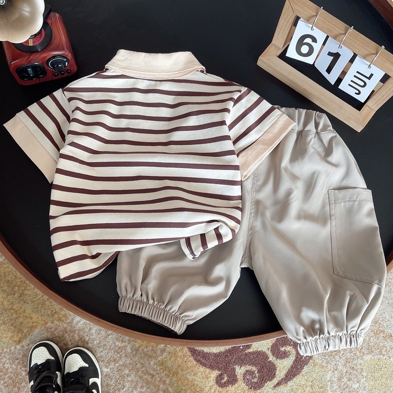 2pcs Toddler Boys Stripe Placket Short Sleeve Shirt & Pants