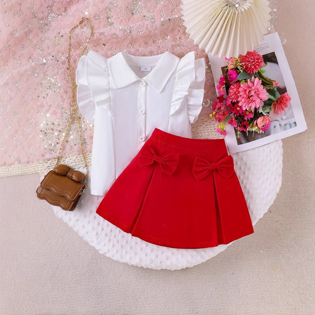 2pcs Toddler Girls Cute Ruffle Detail Sleeveless Top & Bowknot Skirt